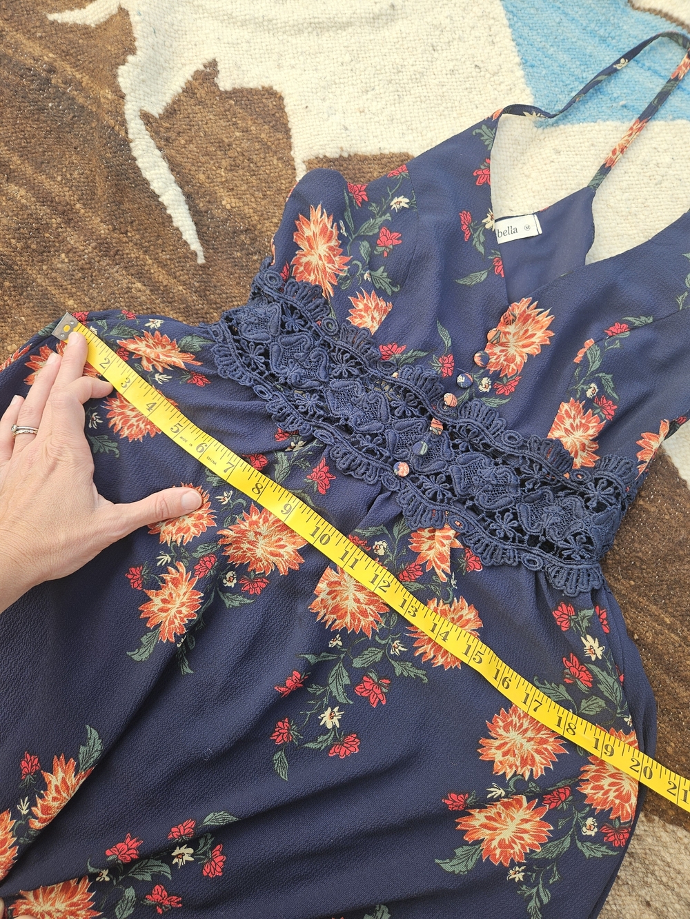 Boho Floral Maxi Dress Navy Blue Orange Floral Lace Waist Cottagecore Size M - Picture 10 of 11